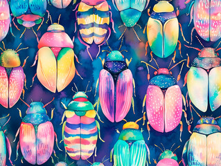 Obraz premium hand-painted illustration with colorful watercolour beetles on blue background