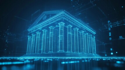 Illuminated blue neon outline of a bank building on dark abstract background for finance tech