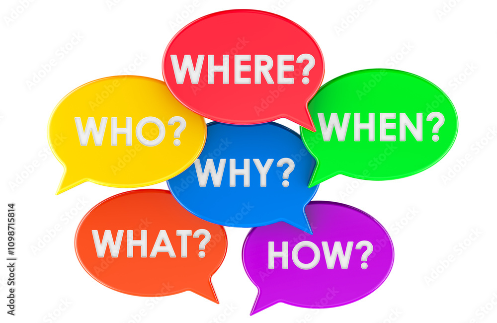 Poster colored speech bubbles with questions, 3d rendering isolated on transparent background
