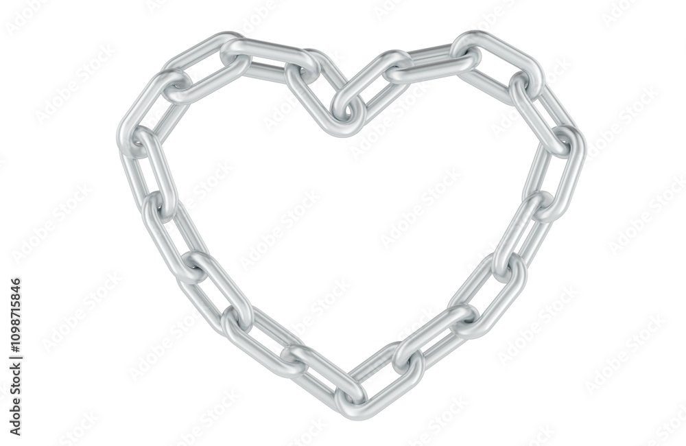 Poster heart from metallic chain. steel chain in the shape of a heart, 3d rendering isolated on transparent