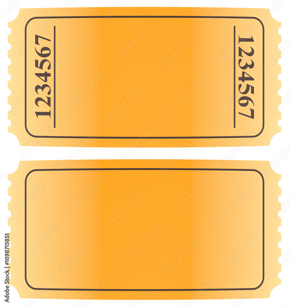 Poster empty golden tickets, mockup template. 3d rendering isolated on transparent background