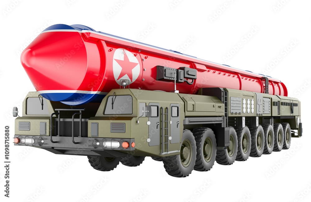 Poster north korean scud missile, mobile short-range ballistic missile system with flag of north korea. 3d 