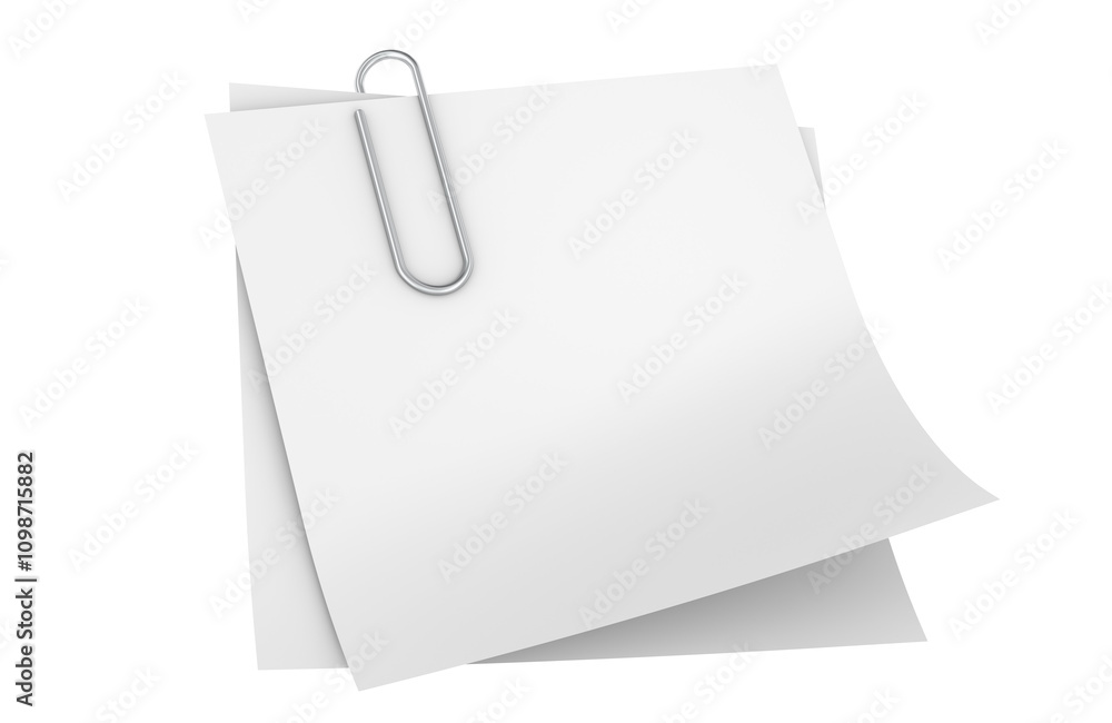 Poster paper clip with blank notes paper, 3d rendering isolated on transparent background