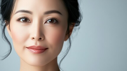 Naklejka premium Asian Chinese woman face with smooth health skin for advertising design. Korean or Japanese Beautiful aging young looking woman, beauty health skincare and cosmetics advertisement commercial