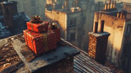 Lost presents lie near a chimney on a rooftop, a poignant reminder of Santa's recent visit on Christmas Eve. 