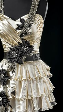 Elegant satin cocktail dress with intricate floral embellishments and ruffled hemline displayed on a dress form