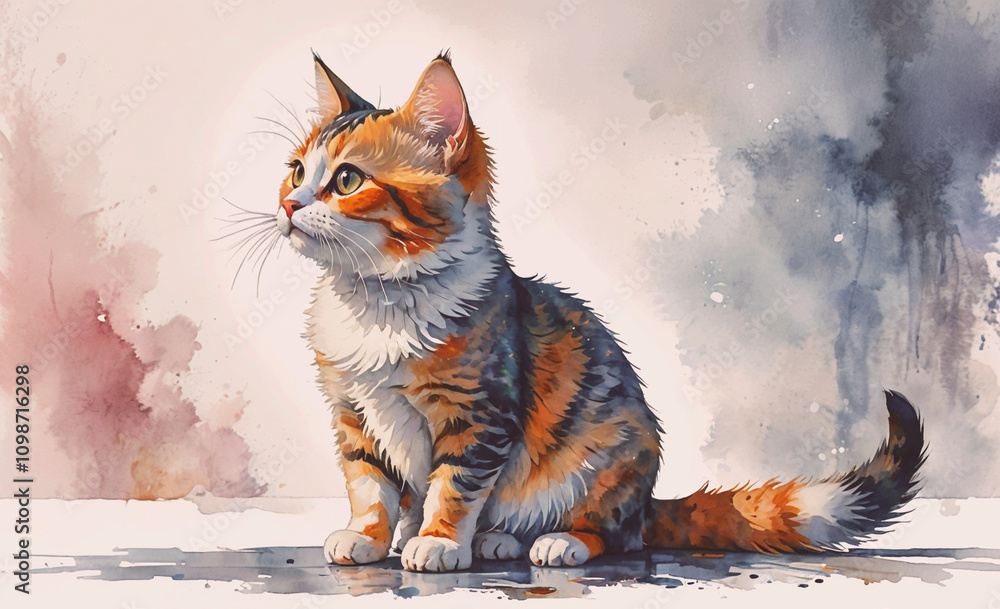 Aufkleber a cat is sitting on a table with its head tilted to the side. the cat is orange and white with black