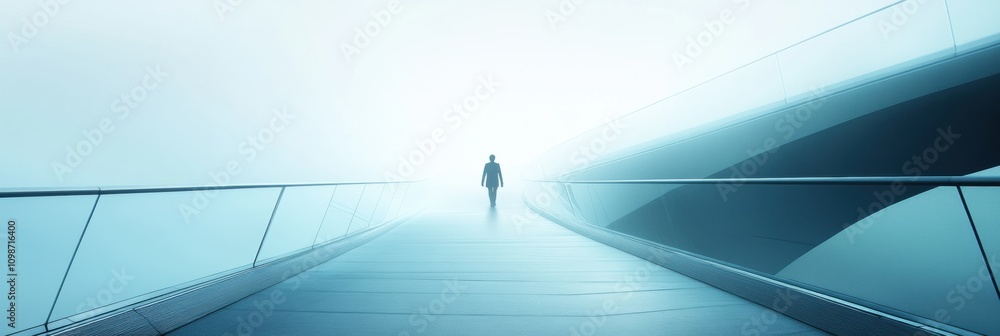 Fototapete a lone individual walks across a lengthy bridge shrouded in mist during the early morning hours, cre