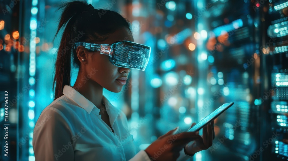Poster a female it specialist uses a tablet to interact with augmented reality visuals in a high-tech serve