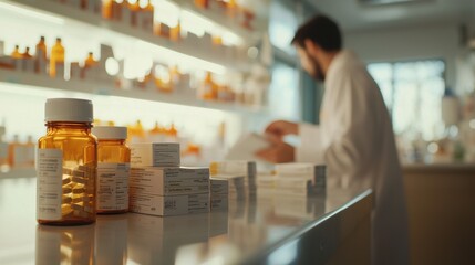Fototapeta premium Pharmacist organizing prescription bottles and boxes on a counter, with detailed focus on labeled packaging, blurred pharmacy shelves in the background for a professional setting.