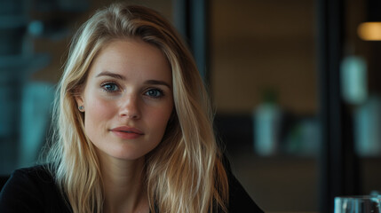 Obraz premium A young woman with long blonde hair sits at a caf?, gazing thoughtfully through a window during a sunny afternoon