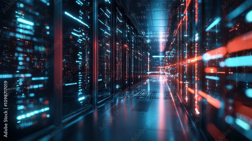 Poster a futuristic technology background with web storage for data, global social media, and ai server for