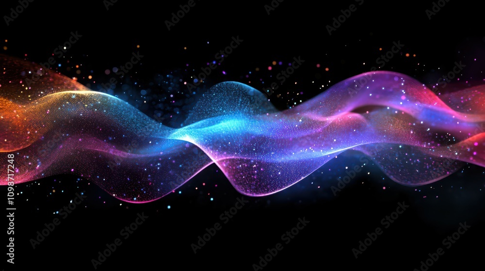 Poster a futuristic and dynamic visual representation of an abstract digital wave with colorful light effec