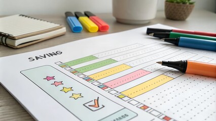 Colorful savings chart with progress bars and notes on a desk.