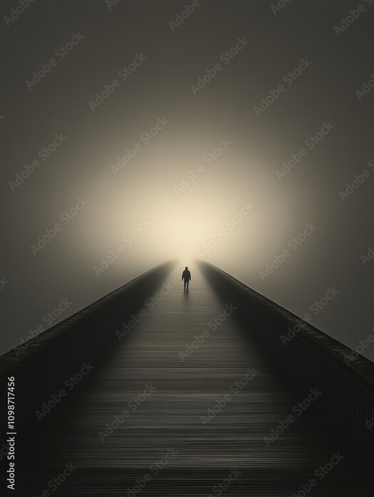 Poster a person strolls along a long, deserted bridge enveloped in dense fog, with a faint light glowing in