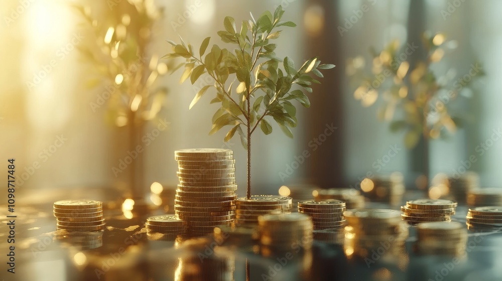 Poster 3d rendering of investment concepts showcasing coins and stock market graph visualizations