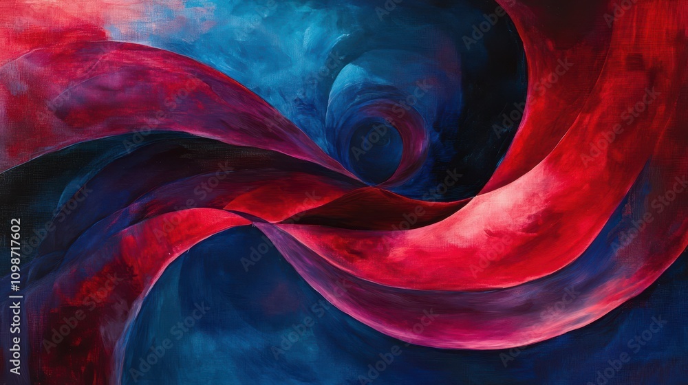 Poster a dynamic and flowing composition created by swirling lines of red and blue hues