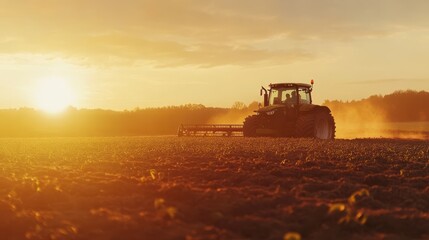 Fototapeta premium A farmer working in the field with a tractor and a harvester. Agriculture concept suitable for production. A tractor on a soybean farm in a spring sunset.