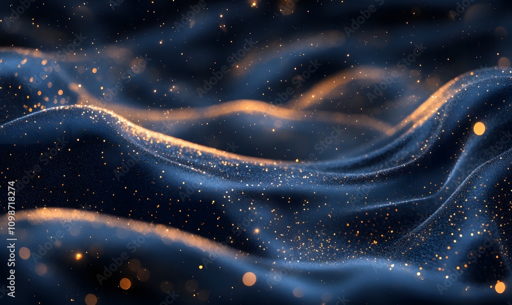 Poster navy blue background with a delicate layer of gold particles creating a shimmering veil effect