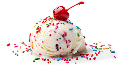 Realistic display of a scoop of ice cream topped with sprinkles and a cherry on a white background, highlighting the colorful toppings and creamy texture