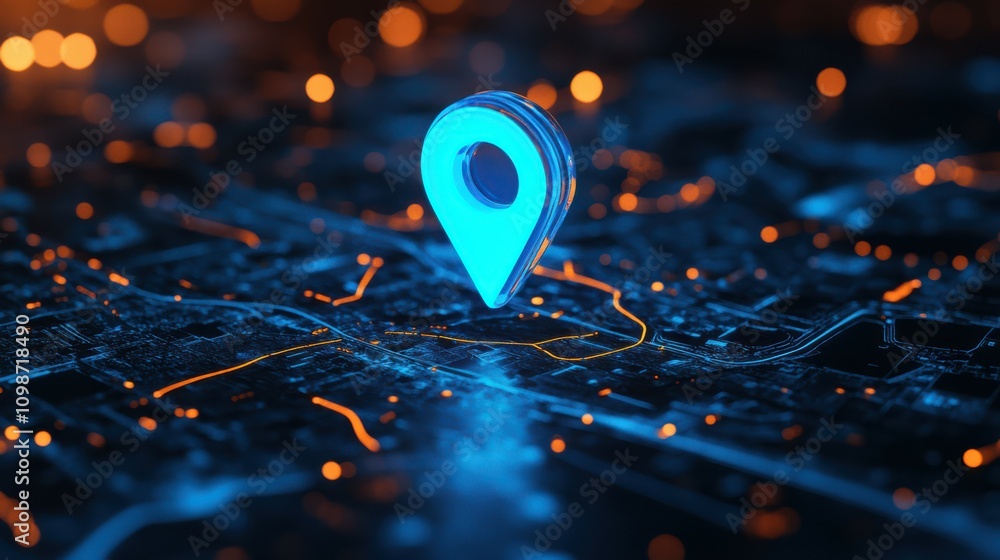 Poster a luminous blue digital map pin floats above a sleek background, hinting at navigation and location 