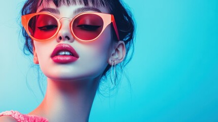 Beautiful woman in sunglasses, Fashion retro futuristic girl on blue background