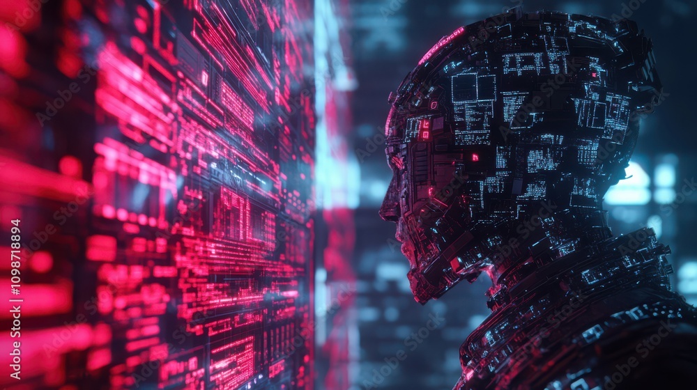 Poster a futuristic ai coding agent concept which incorporates digital code, stocks, and tech innovation.