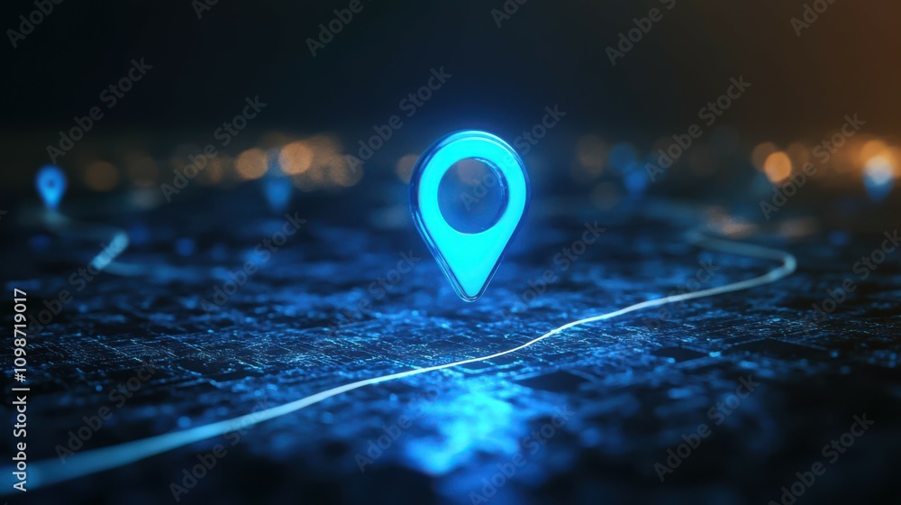 Poster a luminous blue digital map pin floats above a sleek background, hinting at navigation and location 