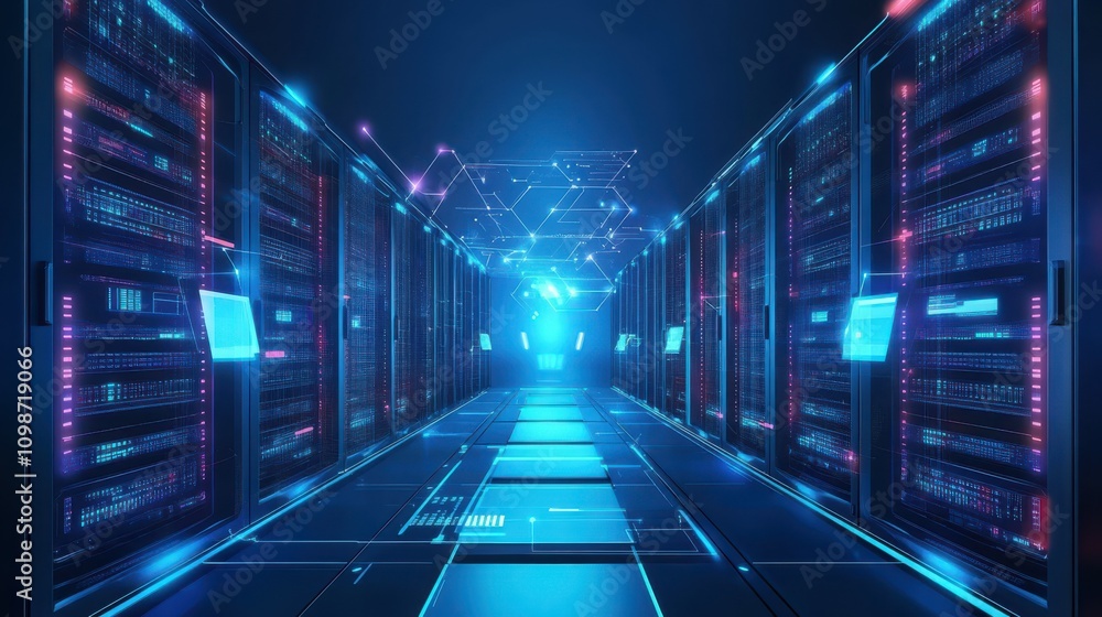 Poster a futuristic technology background with web storage for data, global social media, and ai server for