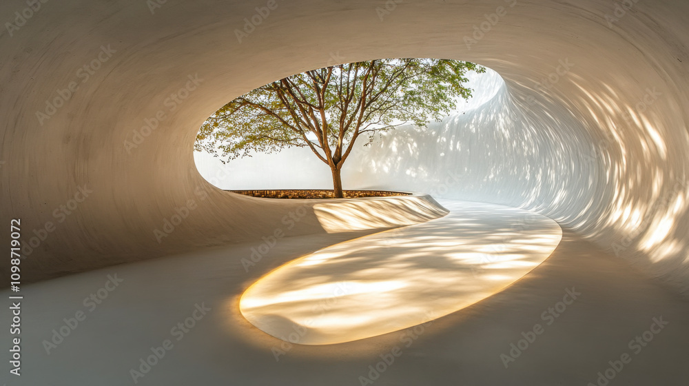 Poster modern architectural design featuring a tree growing in a curved, illuminated space with natural lig