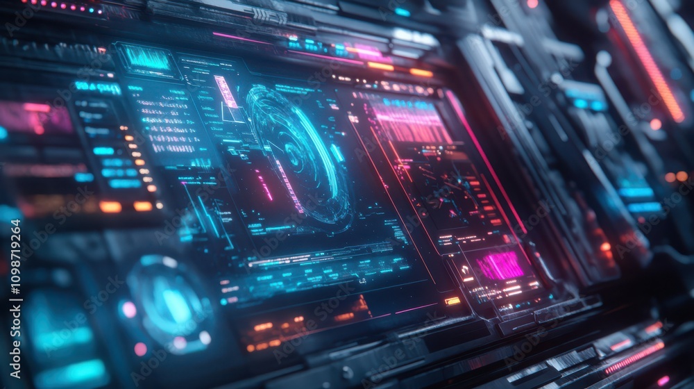 Poster a futuristic abstract ui spaceship window display with hud, neon lights, virtual interface elements,