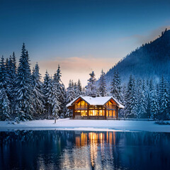 Obraz premium Cozy Winter Cabin by the Lake at Dusk
