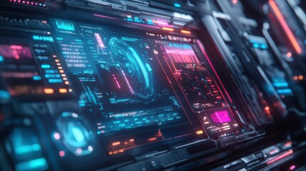 Obraz premium A futuristic abstract UI spaceship window display with HUD, neon lights, virtual interface elements, futuristic frame. Stock photo.