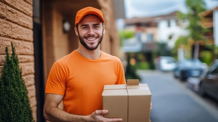 A person wearing an orange T-shirt is delivering parcels to a satisfied client. Friendly worker, high quality delivery service.
