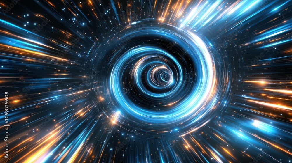 Poster a hyperspace vortex with futuristic technology elements in a cosmic space background with dynamic li