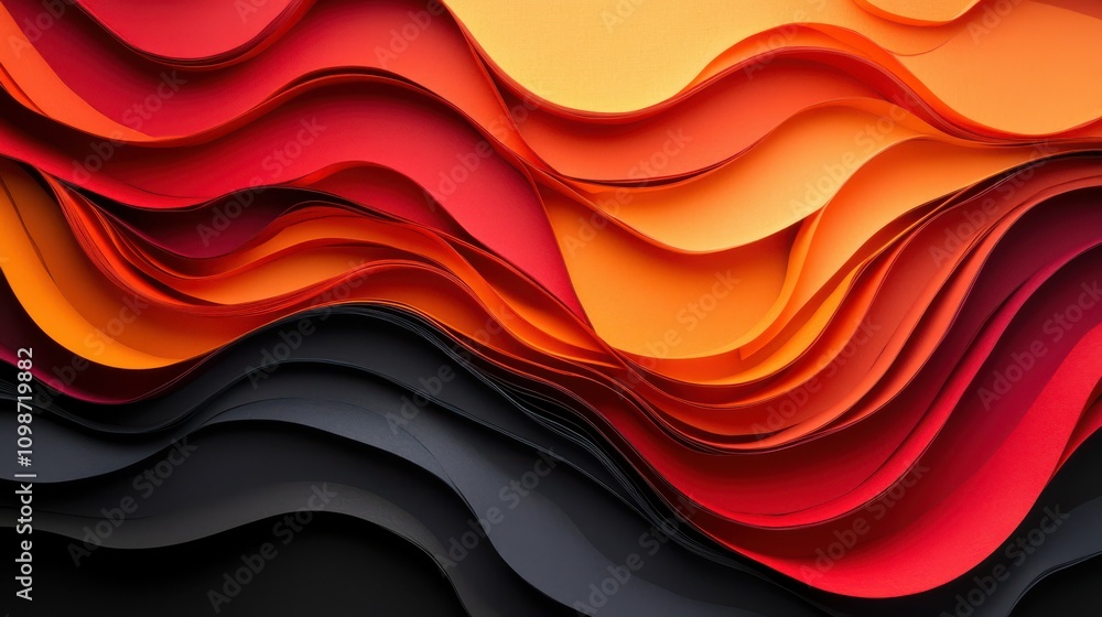 Poster a layered paper design with vibrant red, orange, and black waves created in a dynamic 3d effect.