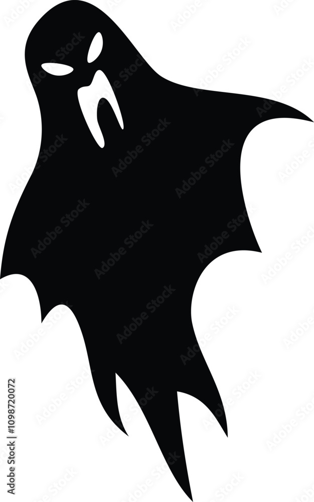 Poster black silhouette of a menacing ghost floating with glowing eyes and sharp teeth, creating a spooky a
