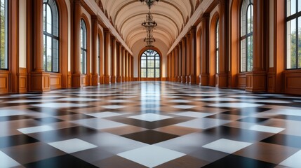 Fototapeta premium Grand interior hall with elegant architecture, large windows, and polished floor in a classic style