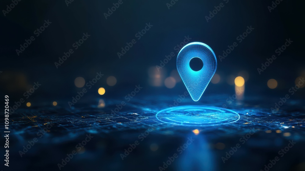 Poster a luminous blue digital map pin floats above a sleek background, hinting at navigation and location 