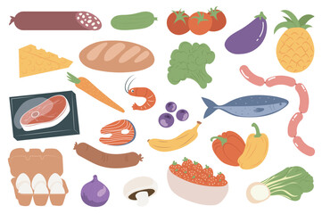 Food products set elements in flat graphic design. Collection of sausage, cucumber, tomato, eggplant, pineapple, cheese, bread, broccoli, steak, carrot, shrimp, fish, egg, other. Vector illustration.