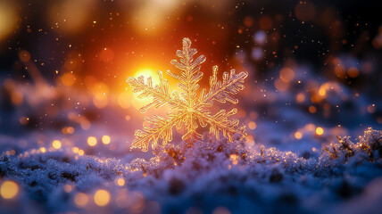 A snowflake lying on the snow, glowing in the sunlight, reflecting the festive New Year’s cheer in a bright, snow-filled winter day.