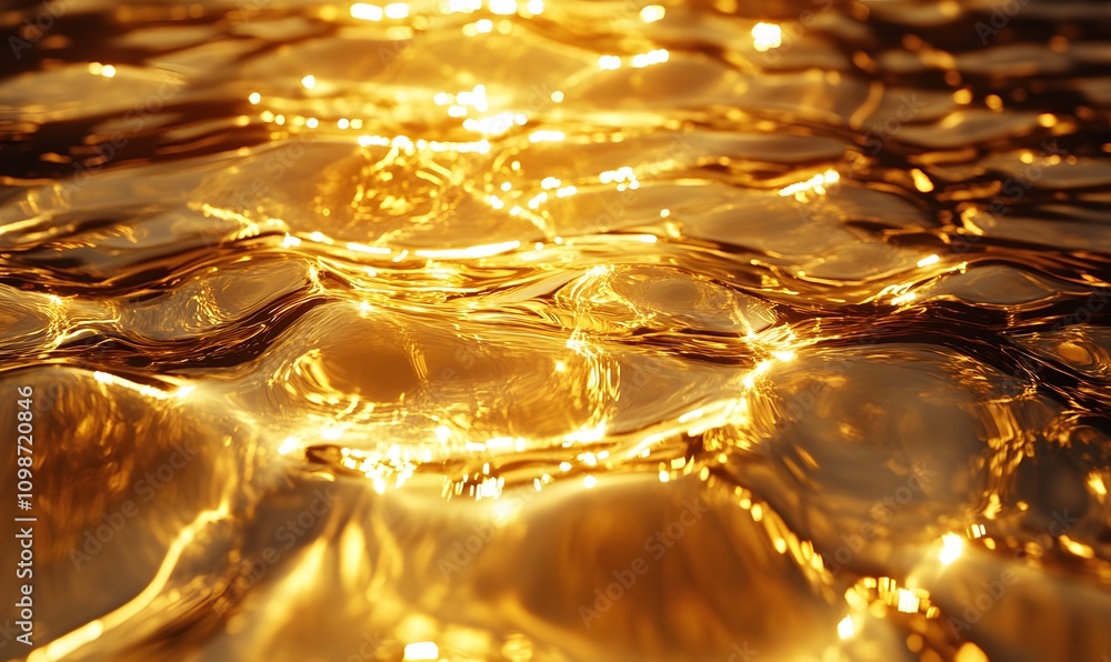 Poster an abstract close-up of water with intricate patterns of golden reflections