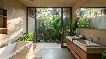 Sleek bathroom with wooden vanity and white sink, adorned by greenery. Bathtub and shower complete the space, alongside beige walls and concrete flooring. 