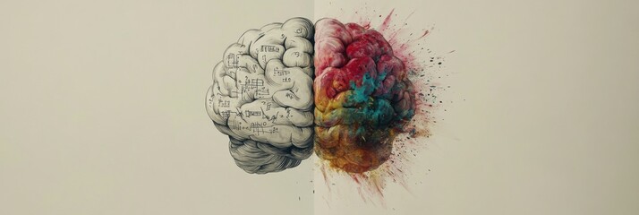 The artwork features a brain visually divided into two halves, one representing logical thoughts and the other vivid creativity, illustrating duality. Generative AI