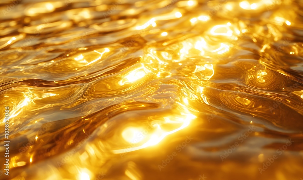 Poster an abstract close-up of water with intricate patterns of golden reflections