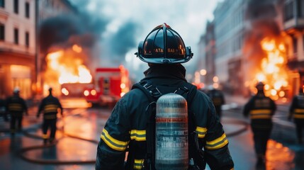 Courageous Firefighter Responding to Blaze in Urban Setting Amidst Fiery Flames and Smoke, Highlighting Emergency Response and Bravery in Critical Situation