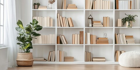 A professional organizer arranging books and decor in a clientâ€™s home, natural lighting emphasizing a clean and calming transformation