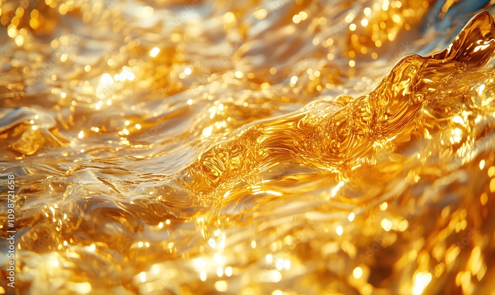 Poster an abstract close-up of water with intricate patterns of golden reflections
