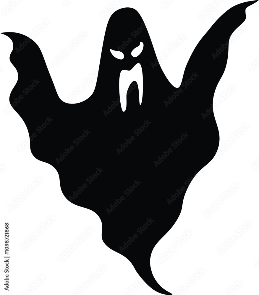 Poster black silhouette of a menacing ghost floating with glowing eyes and sharp fangs, creating a spooky a
