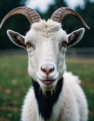 Obraz premium A black and white goat stands in a forest clearing, its curious expression and distinctive horns catching the light. The surrounding greenery enhances the serene atmosphere of moment. Generative AI